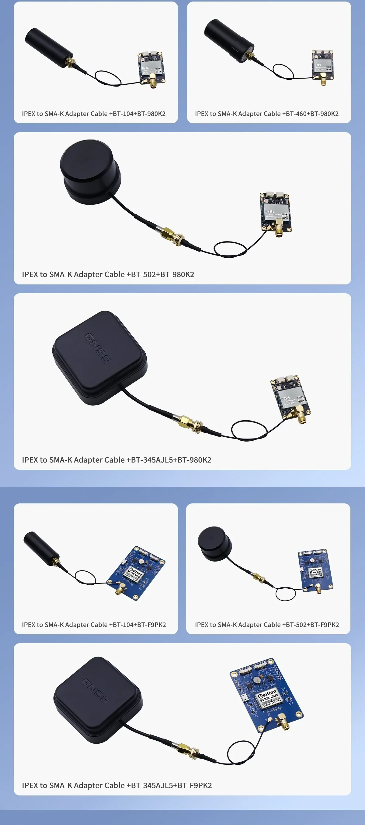 IPEX to SMA-K adapter cable connection examples for compact GPS/GNSS modules with external antenna leads