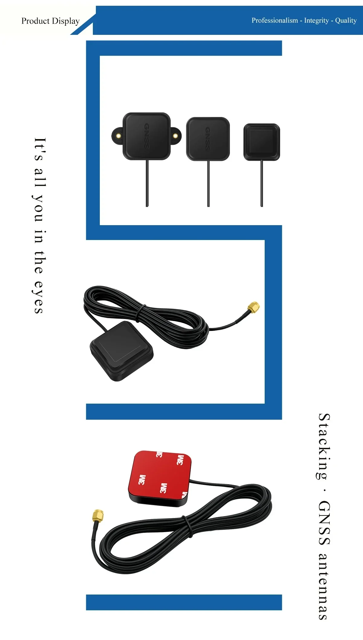 Product display of GNSS antenna sizes with magnetic base and 3M adhesive pad mounting option