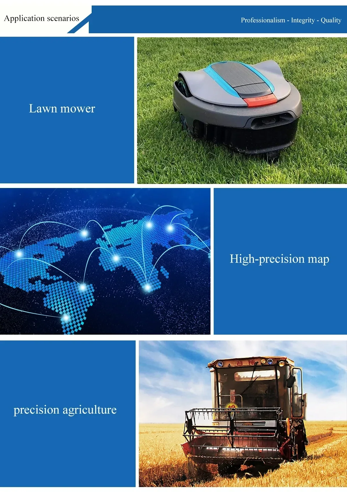 GNSS antenna application scenarios graphic for robotic mower, high-precision mapping, and precision agriculture