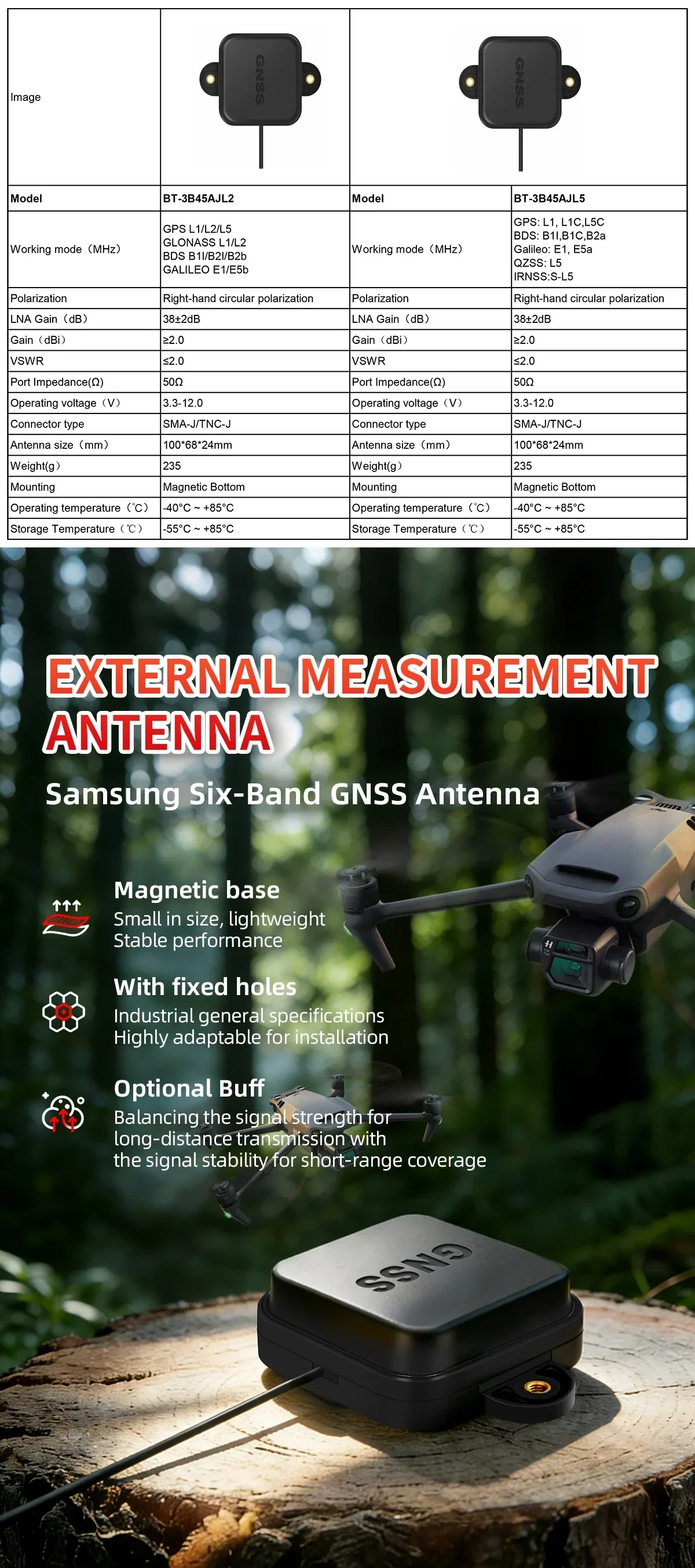 Beitian BT-3B45AJL2/BT-3B45AJL5 magnetic GNSS RTK active antenna overview with key specs