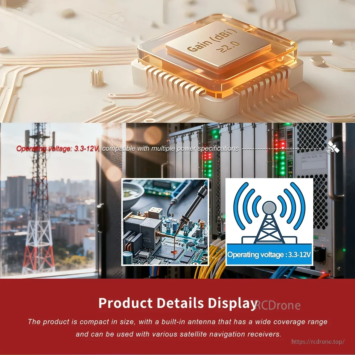 Operating voltage 3.3–12V graphic and gain callout for the active GNSS antenna LNA
