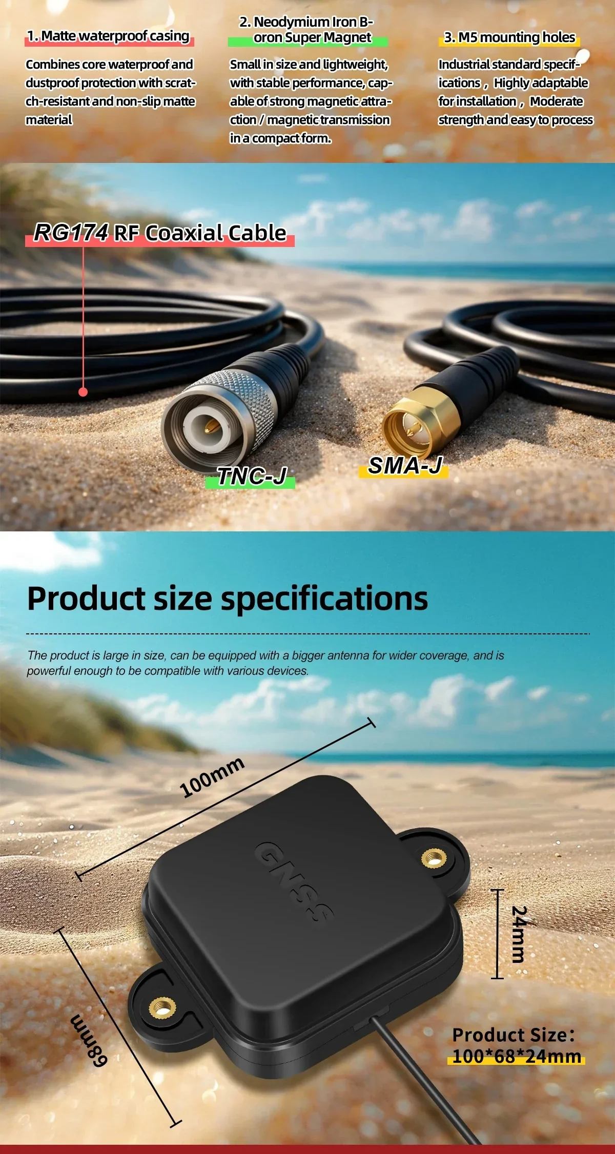 RG174 coax cable with TNC-J and SMA-J connector options plus 100×68×24 mm size callouts
