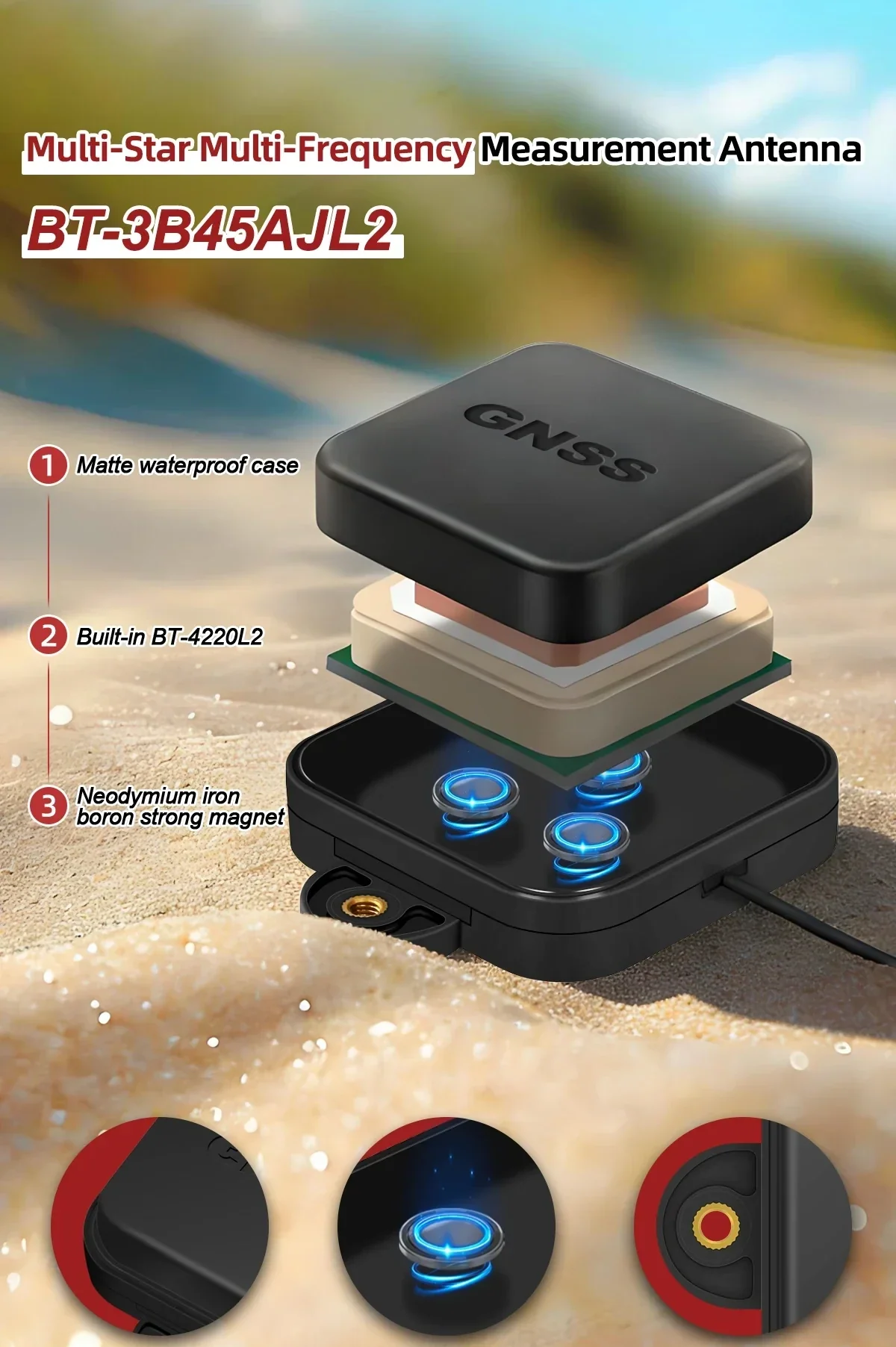 BT-3B45AJL2 exploded view highlighting waterproof case, built-in module, and neodymium magnet base