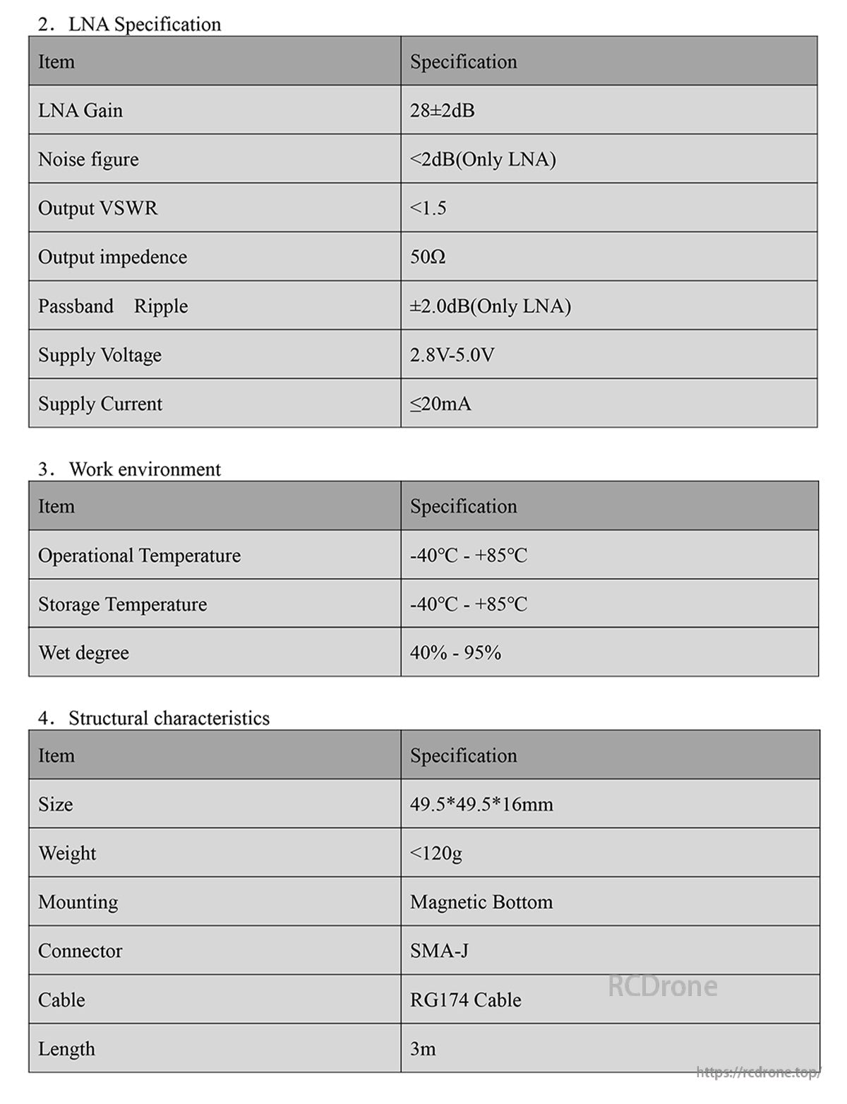 Specification tables for LNA gain 28±2 dB, supply 2.8–5.0 V, operating -40 to +85°C, size 49.5×49.5×16 mm, 3m cable