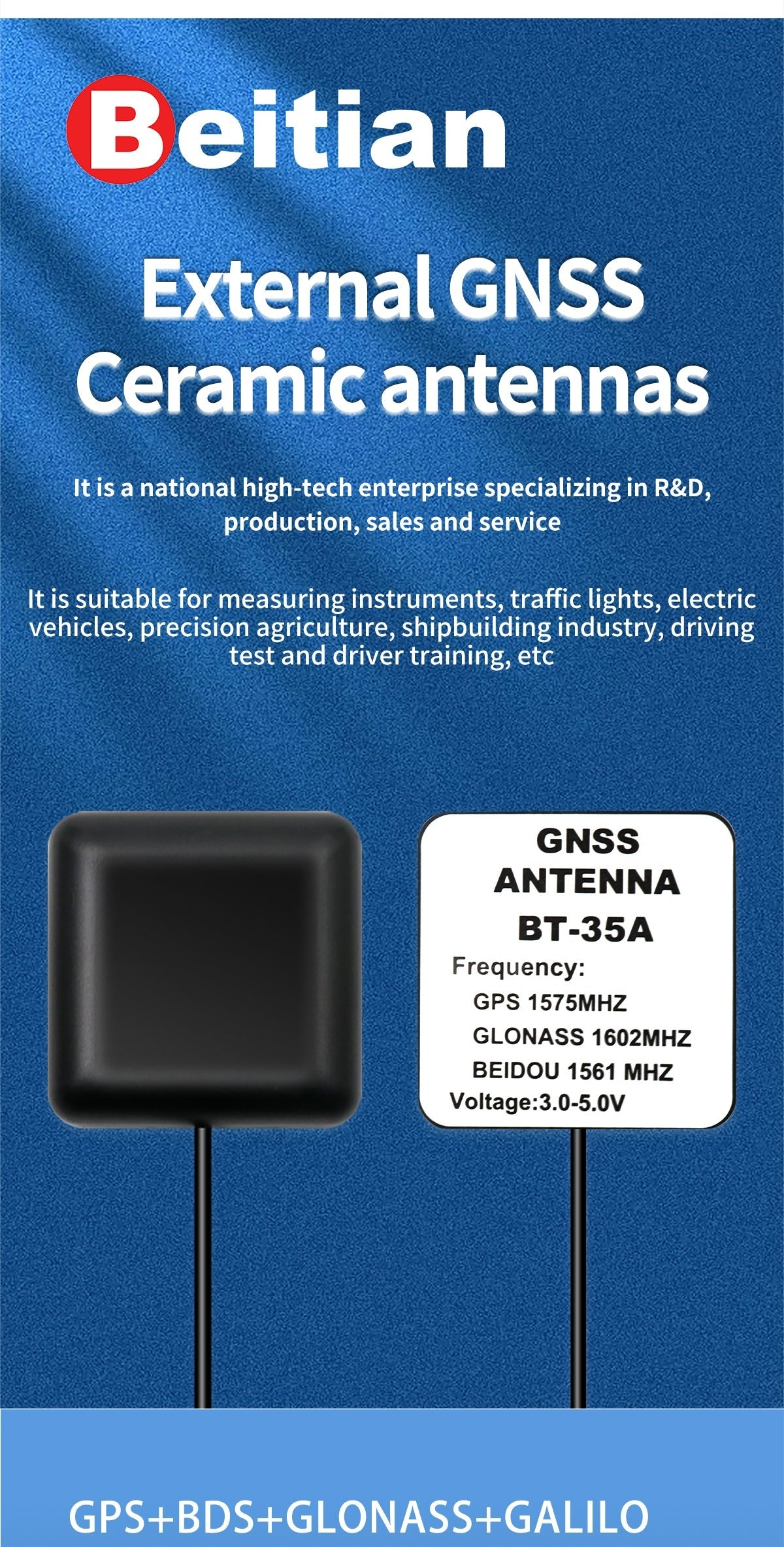 Beitian BT-35A/BT-35B External GNSS Antenna promotional panel with supported GPS, BDS, GLONASS and Galileo bands