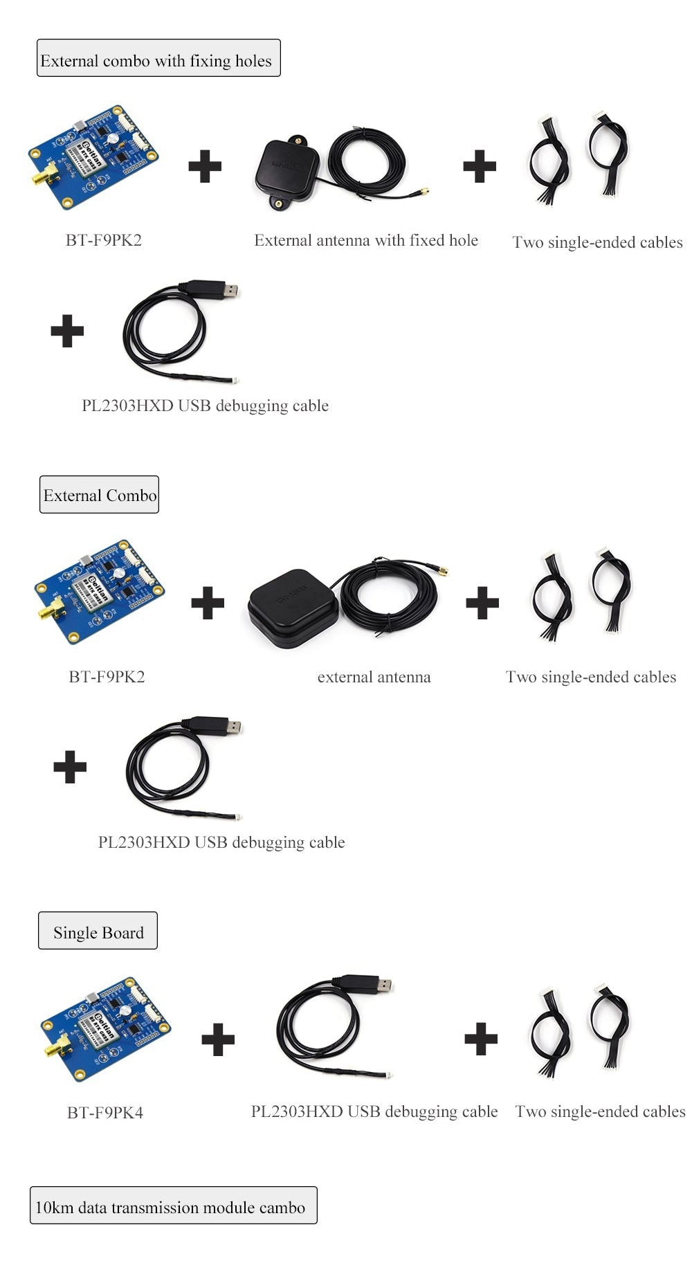 BT-F9PK2/BT-F9PK4 kit options including external antenna combos, fixing-hole antenna, and single board package