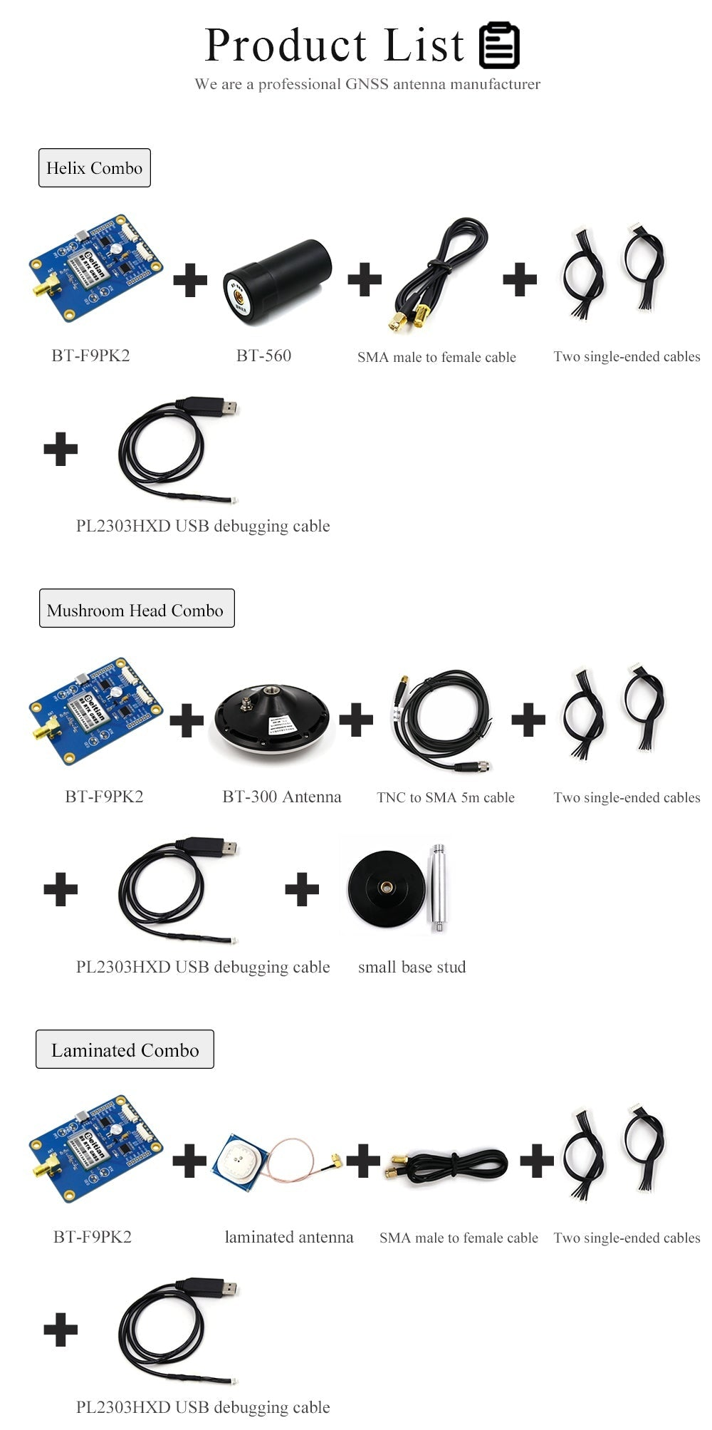 Product list for BT-F9PK2 combos with antennas, SMA cables, USB debugging cable, and single-ended cables