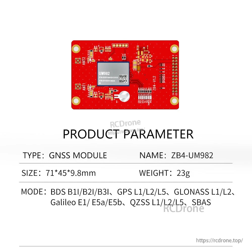 ZB4-UM982 GNSS module board product parameter table with size, weight and GNSS bands