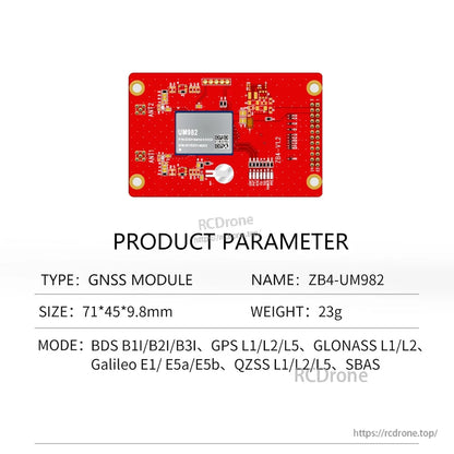 ZB4-UM982 GNSS module board product parameter table with size, weight and GNSS bands