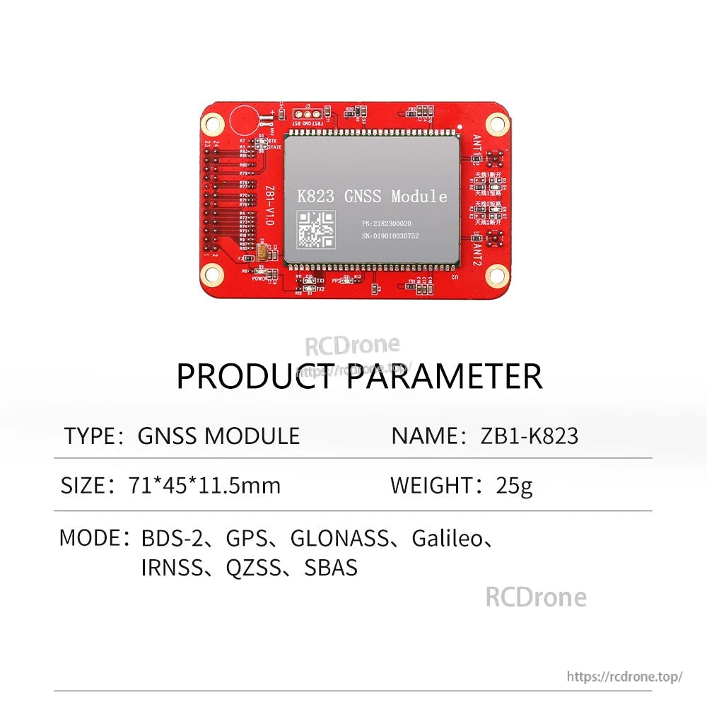 ZB1-K823 product parameter table showing size, weight and supported satellite systems