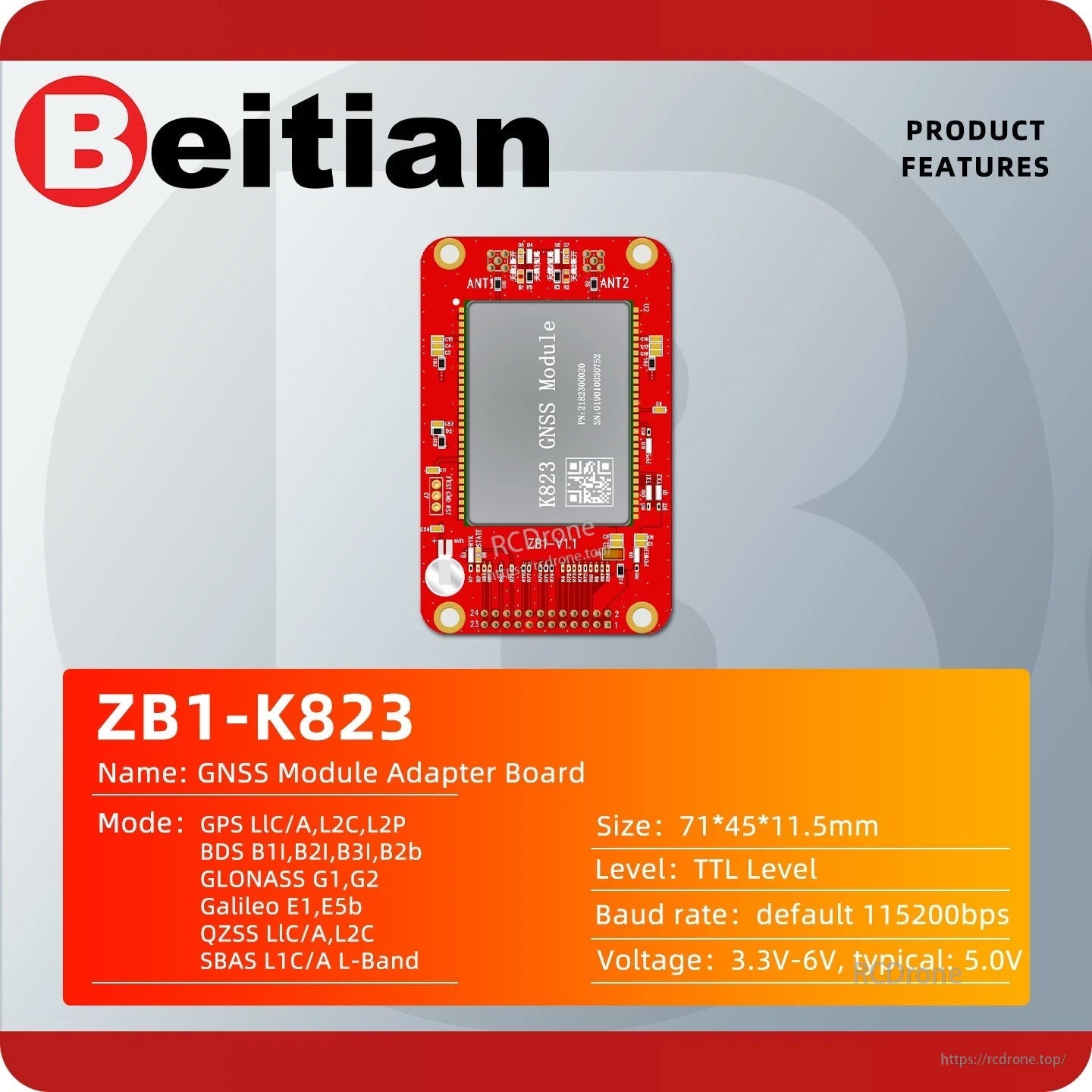 ZB1-K823 GNSS module adapter board product features card with size, voltage and interface details