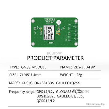 ZB2 ZED-F9P GNSS board rear view with product parameter table and frequency bands listed