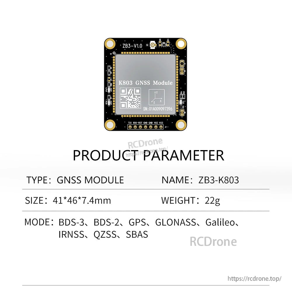ZB3-K803 GNSS module product parameter table with size, weight and supported systems