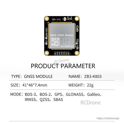 ZB3-K803 GNSS module product parameter table with size, weight and supported systems