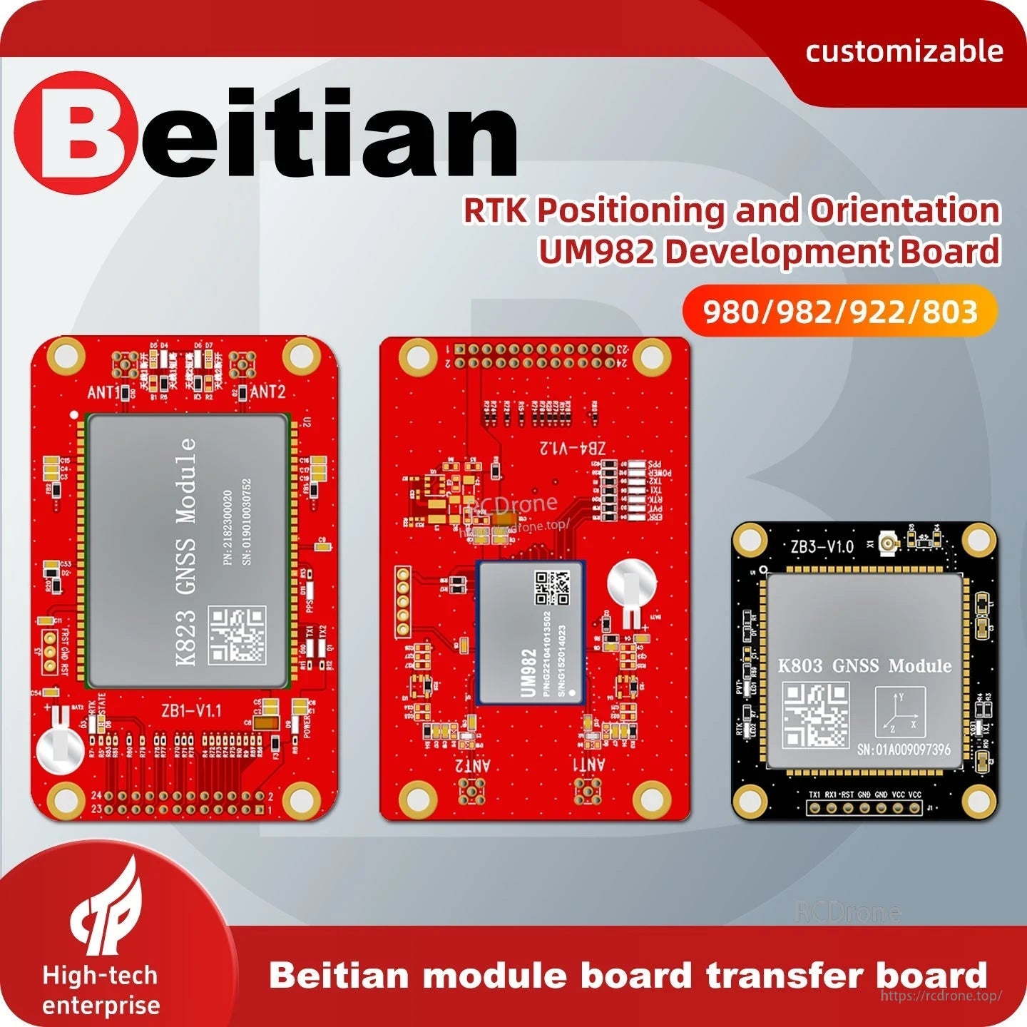 Beitian RTK positioning and orientation development board lineup graphic showing three module boards