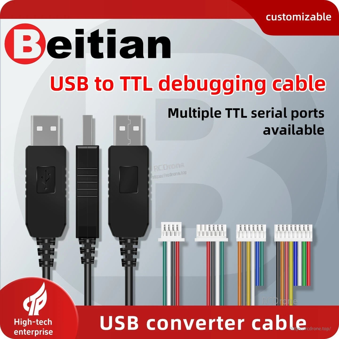 Beitian USB to TTL debugging cable graphic showing multiple TTL serial connector options and pin counts