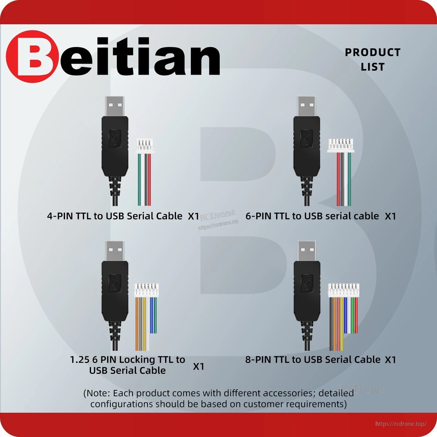 Product list graphic showing 4-pin, 6-pin, 6-pin locking, and 8-pin TTL to USB serial cable options