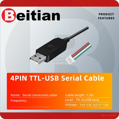4-pin TTL-USB serial cable feature graphic showing USB-A to 4-wire locking TTL connector