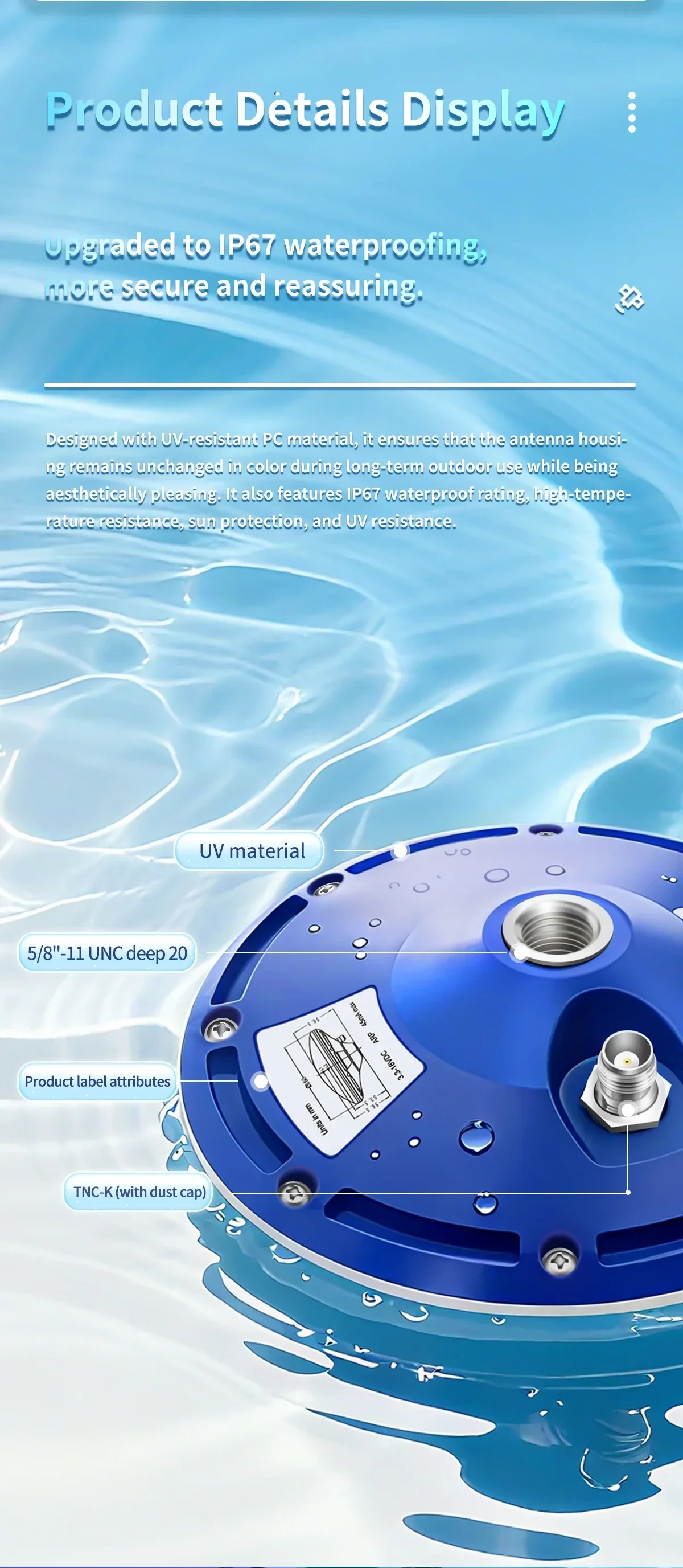 IP67 waterproof product details showing underside with 5/8"-11 UNC deep 20 mount and TNC-K connector area