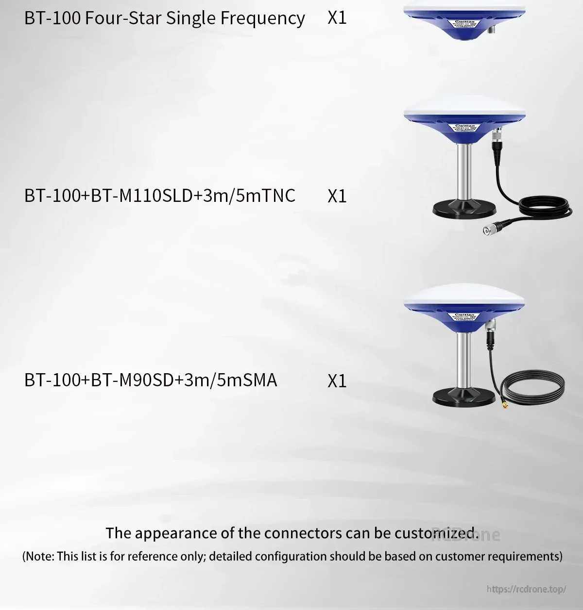 Package options list for BT-100 antenna: antenna-only or bundles with BT-M110SLD TNC cable or BT-M90SD SMA cable