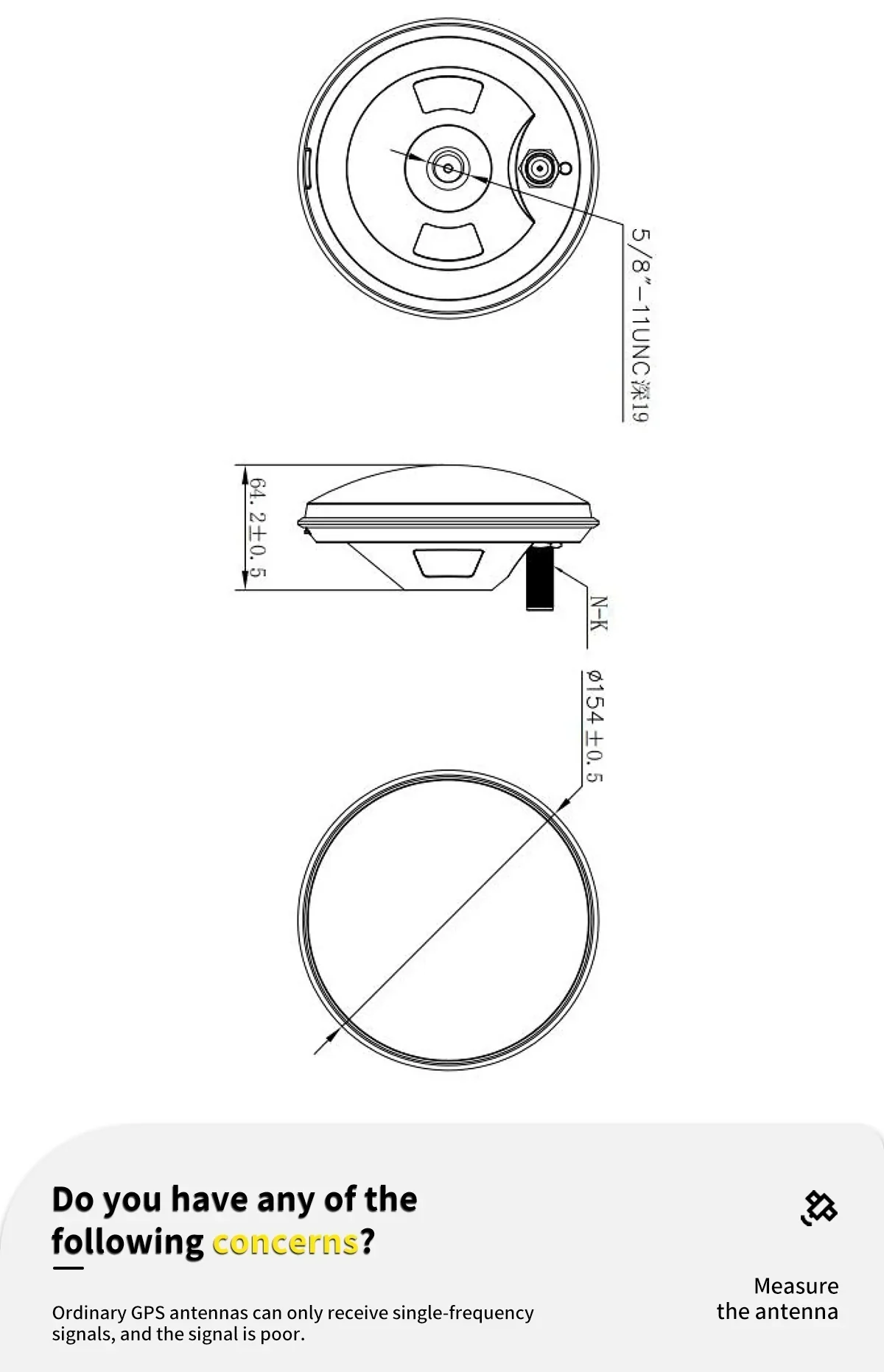 BT-830 mechanical drawing showing top and side views with 5/8-11 UNC mount and antenna dimensions