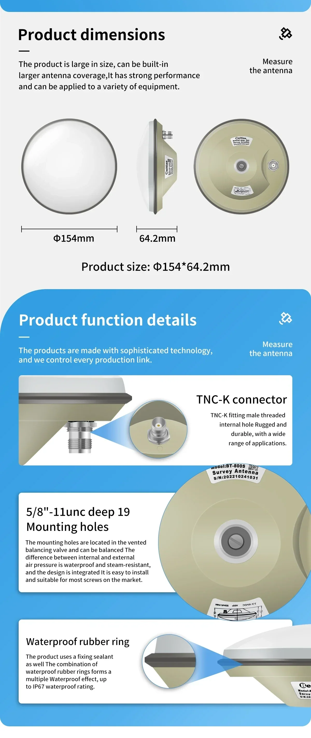 BT-800S size and connector details: Ø154×64.2 mm, TNC-K port, 5/8"-11 mount, waterproof sealing ring