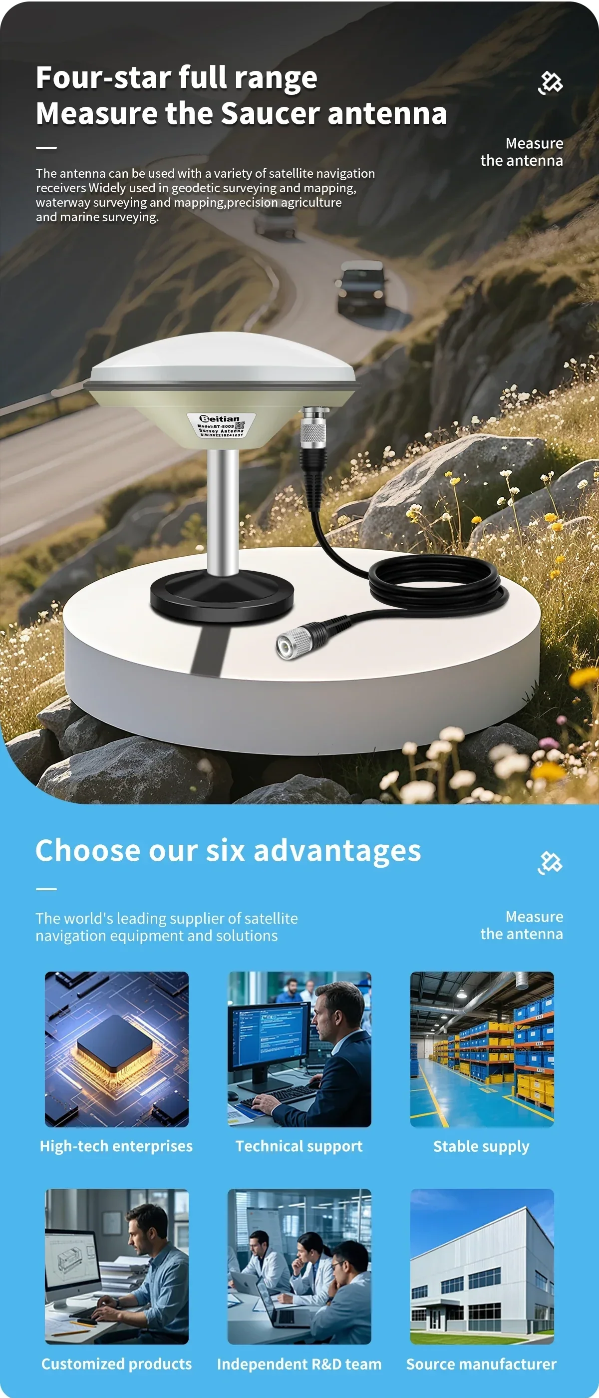 Beitian BT-800S GNSS survey antenna with mounting pole and coax cable for RTK base station use
