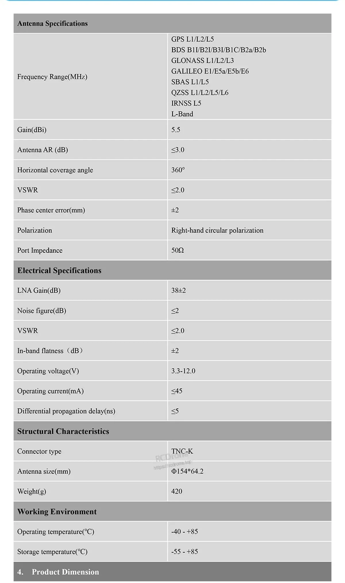 Beitian BT-800S GNSS Survey Antenna specifications table with supported bands, gain, LNA and operating voltage