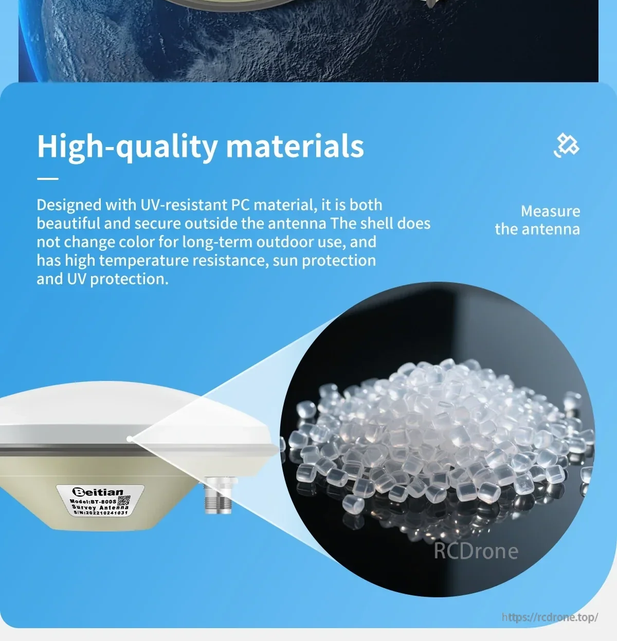 UV-resistant PC housing material callout with resin pellets and antenna close-up for outdoor durability