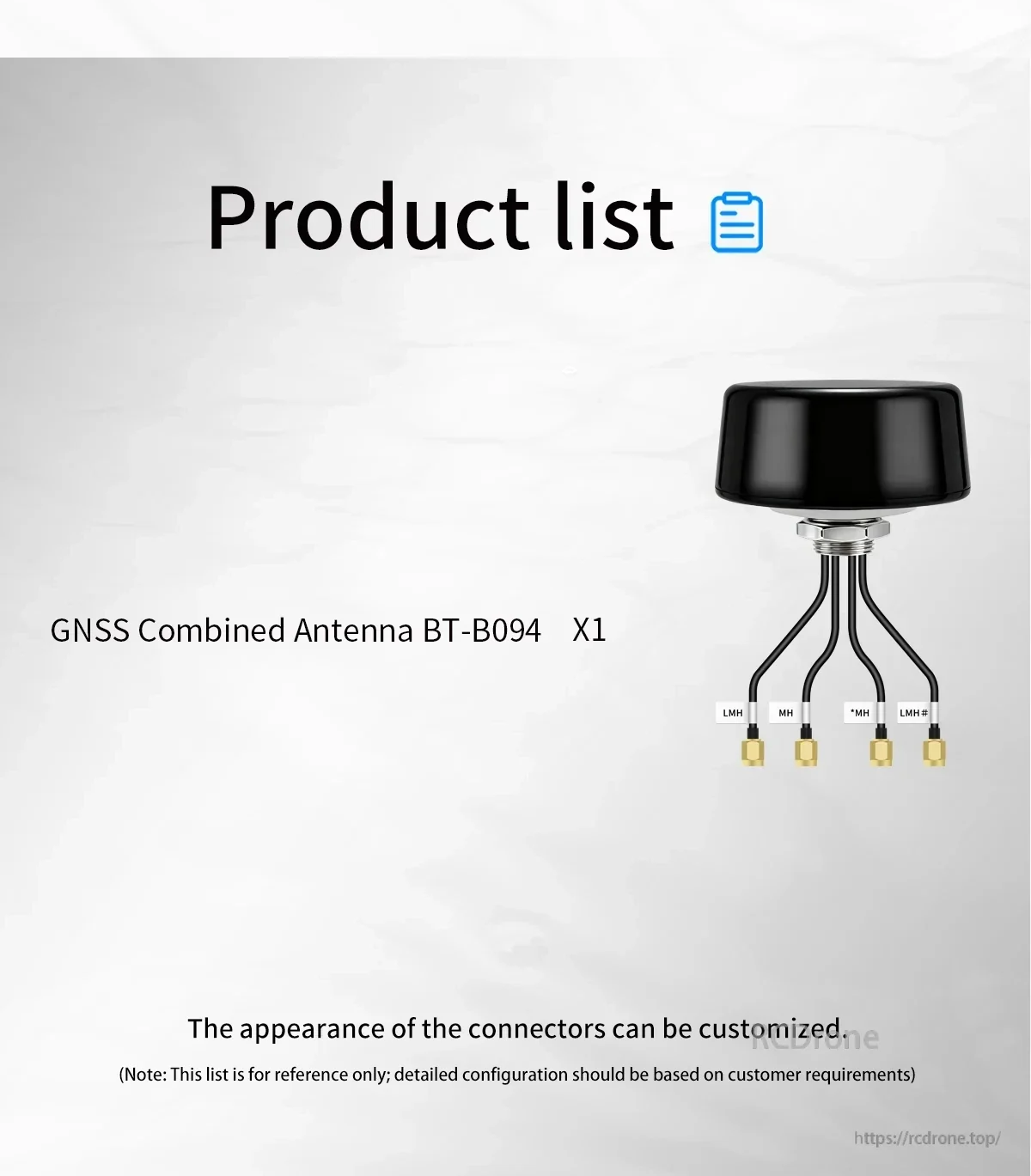 Package contents list: GNSS Combined Antenna BT-B094 x1 with note about customizable connector appearance