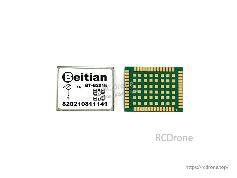Beitian BT-B201E GNSS+INS RTK module, top label and 54‑pin LGA pad layout