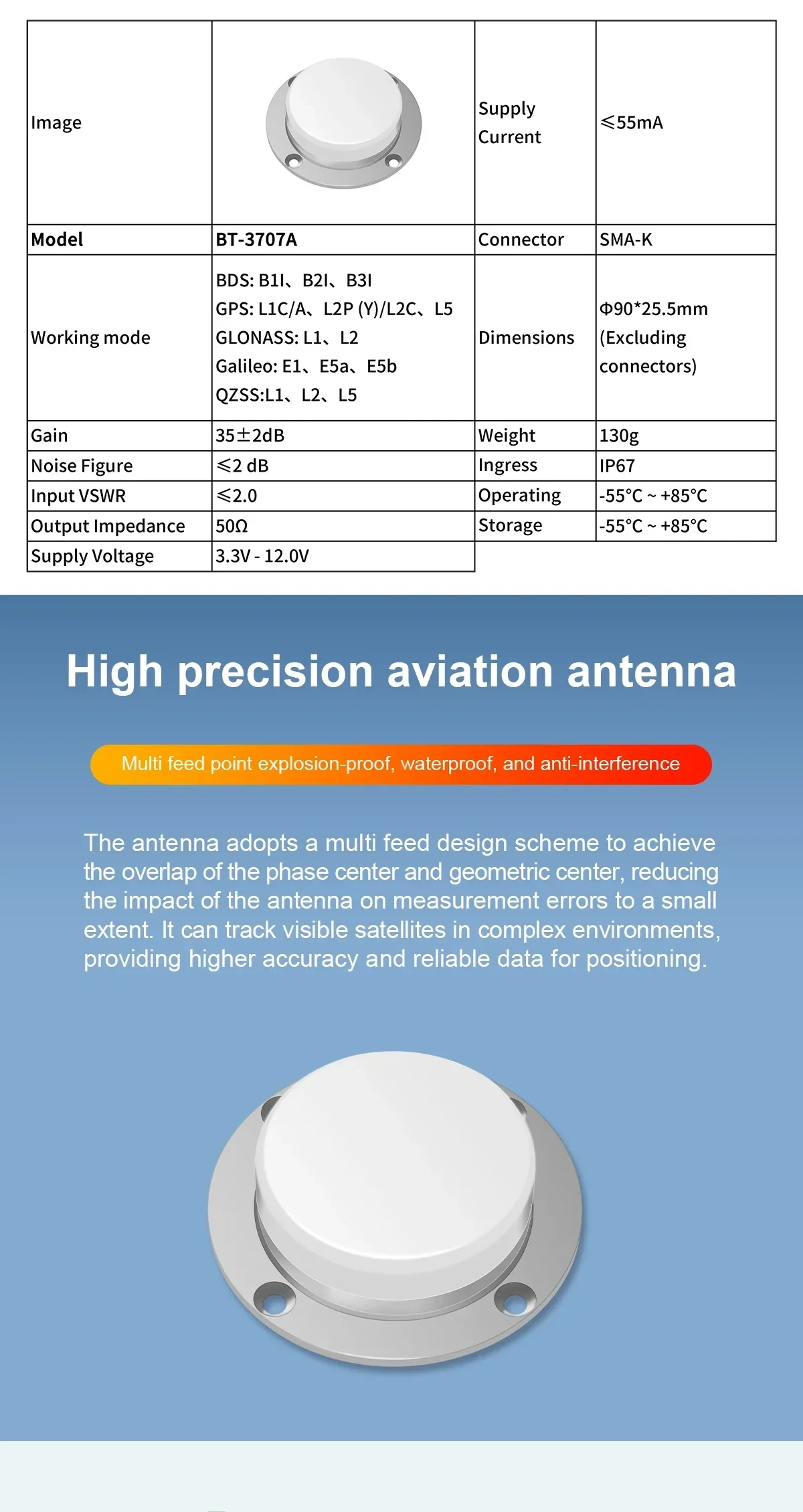 Beitian BT-3707A RTK differential high-gain GNSS antenna with SMA-K connector and IP67 specs