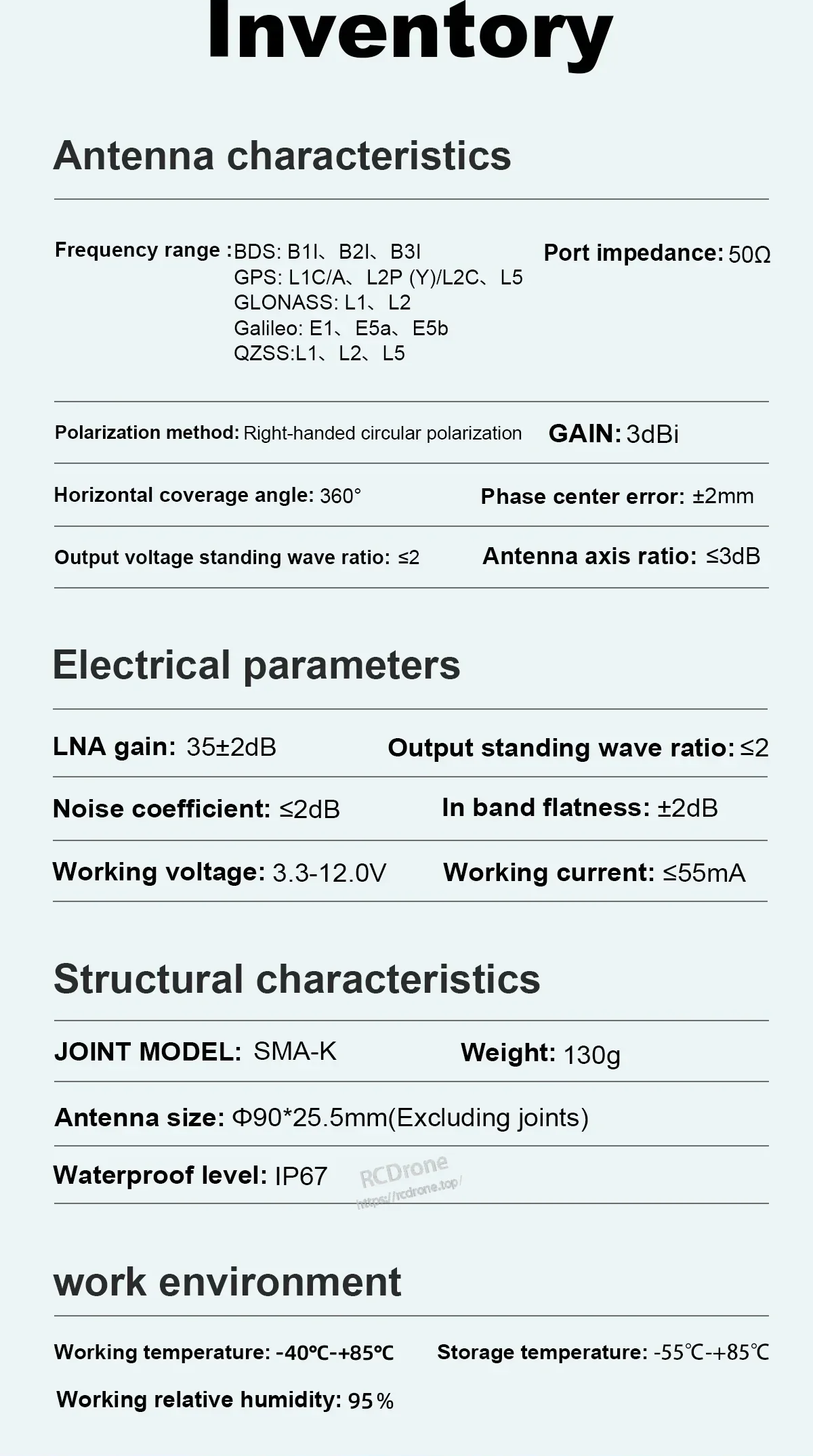 BT-3707A GNSS antenna specification sheet with frequency bands, LNA gain, impedance and waterproof rating