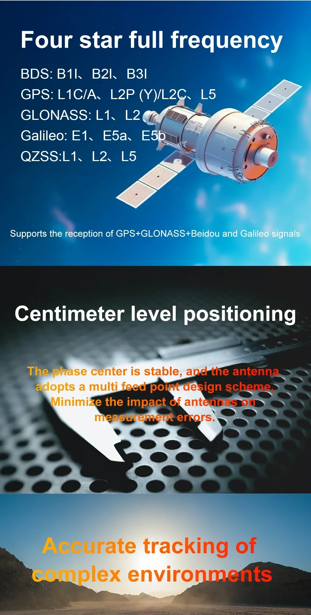 Multi-constellation, multi-frequency GNSS support graphic for BT-3707A (GPS, BDS, GLONASS, Galileo, QZSS)