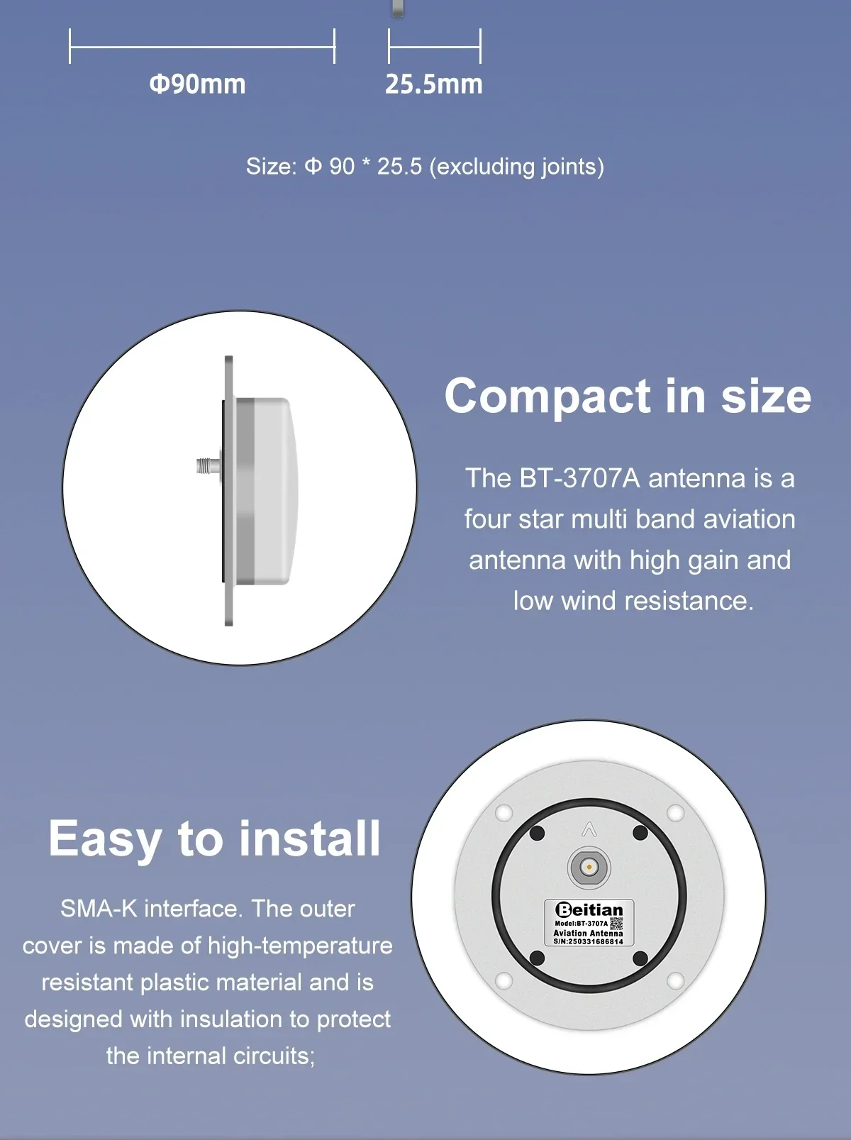 BT-3707A GNSS antenna dimensions (90 mm x 25.5 mm) and SMA-K interface for easy installation