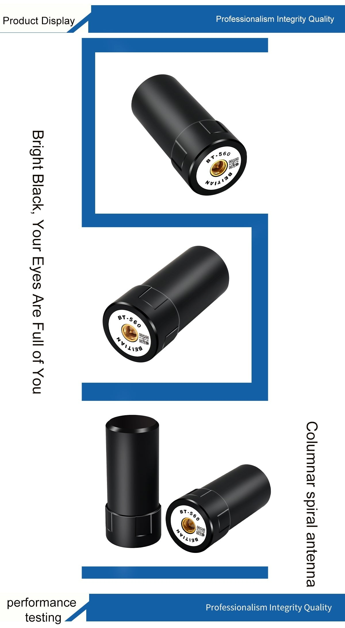 Multiple angles of BT-series cylindrical spiral antenna in black finish with SMA connector end view