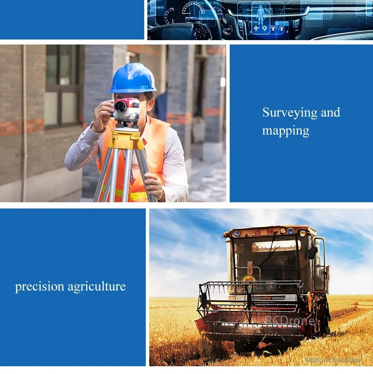 Application scenarios collage for BT-4820 GNSS antenna: surveying and mapping, precision agriculture, and vehicle positioning