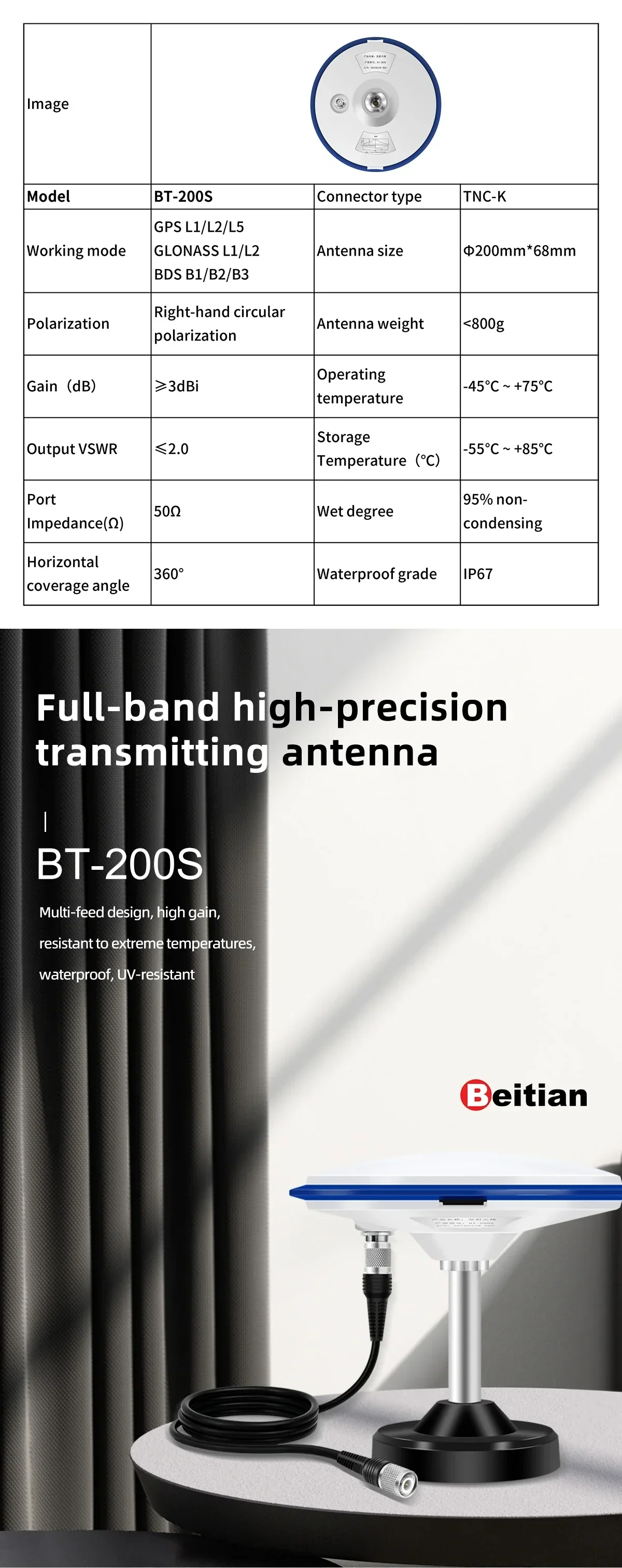 Beitian BT-200S GNSS transmitting antenna hero with key specs table (full-band GPS/GLONASS/BDS, IP67)
