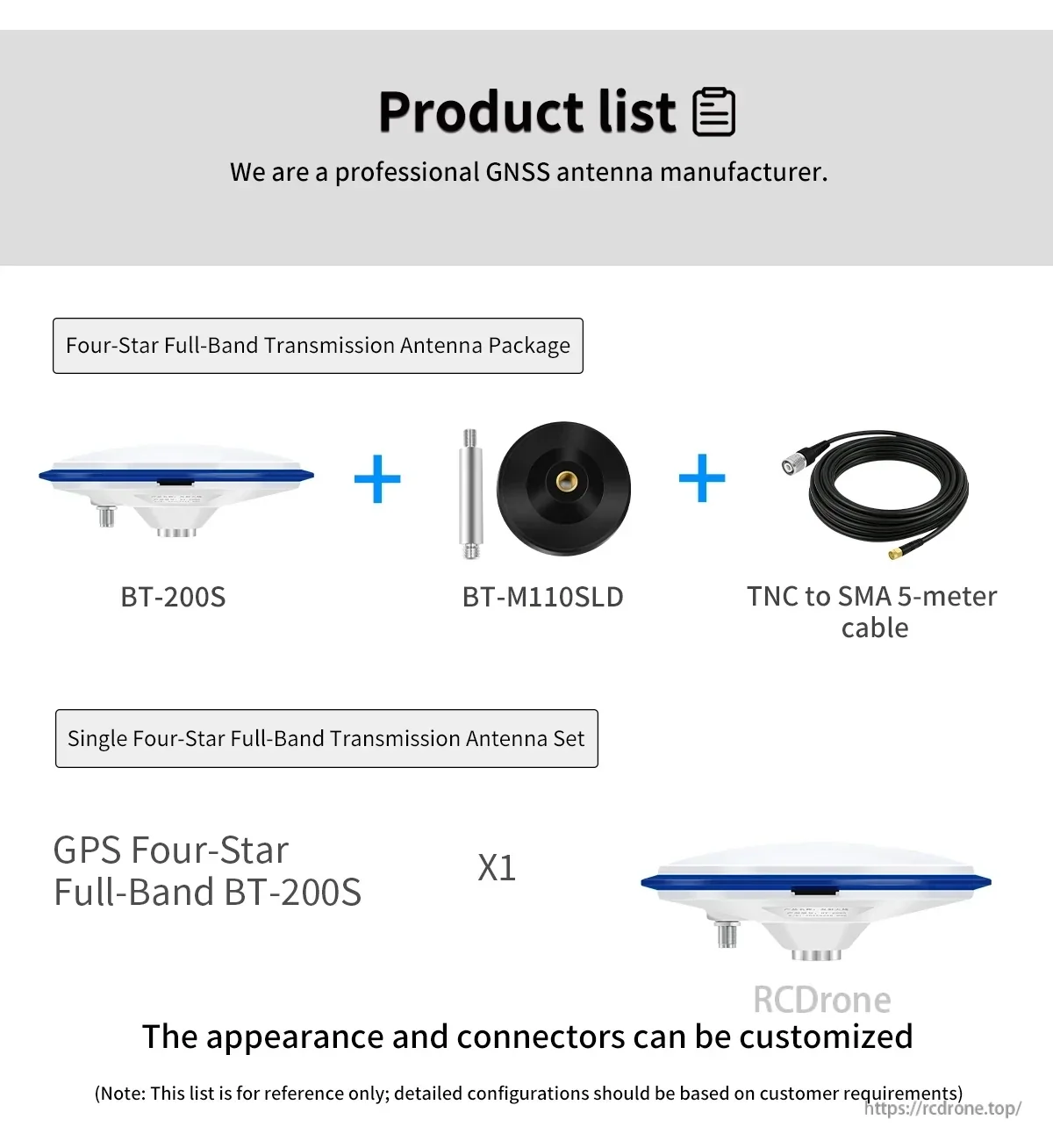 Package options list for Beitian BT-200S GNSS transmitting antenna with BT-M110SLD accessory and TNC-to-SMA 5 m cable