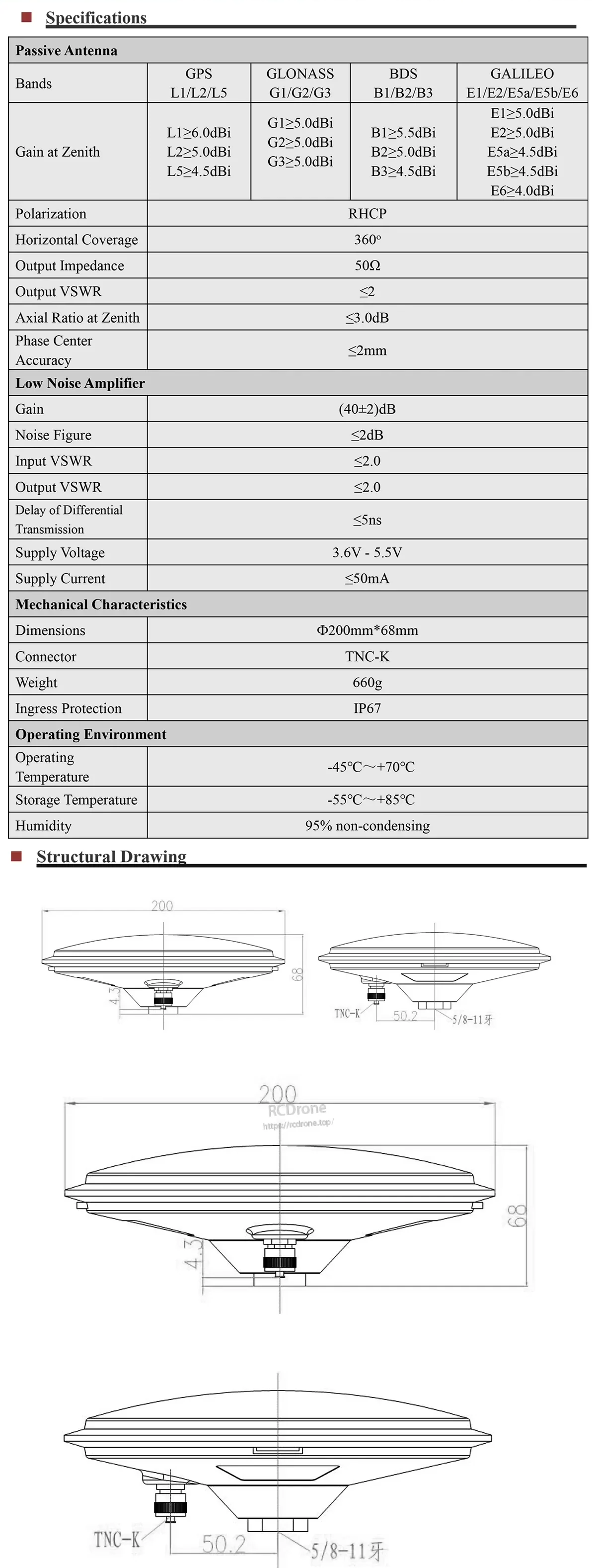 Beitian BT-200 technical specifications table with mechanical dimensions and mounting interface drawing