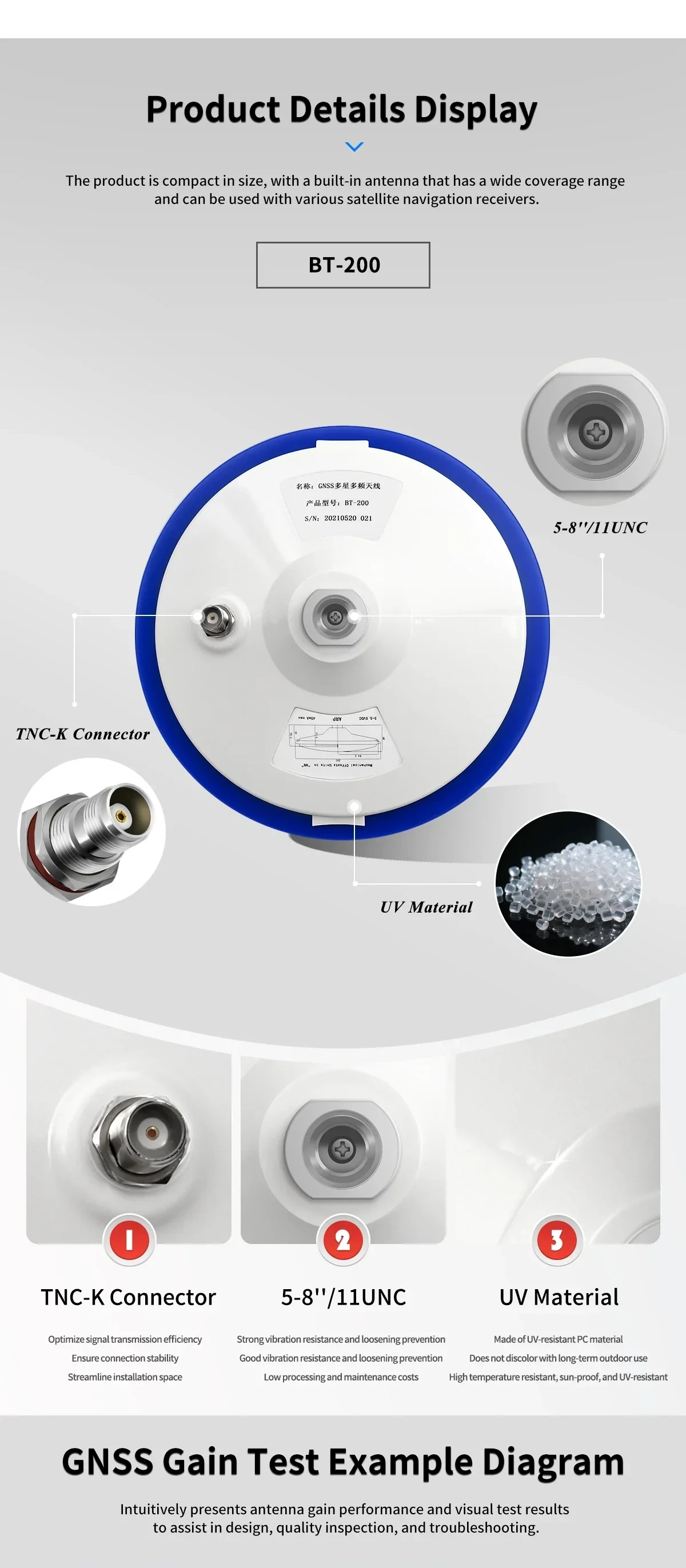BT-200 product details showing TNC-K connector, 5/8"-11 UNC mount, and UV-resistant PC housing