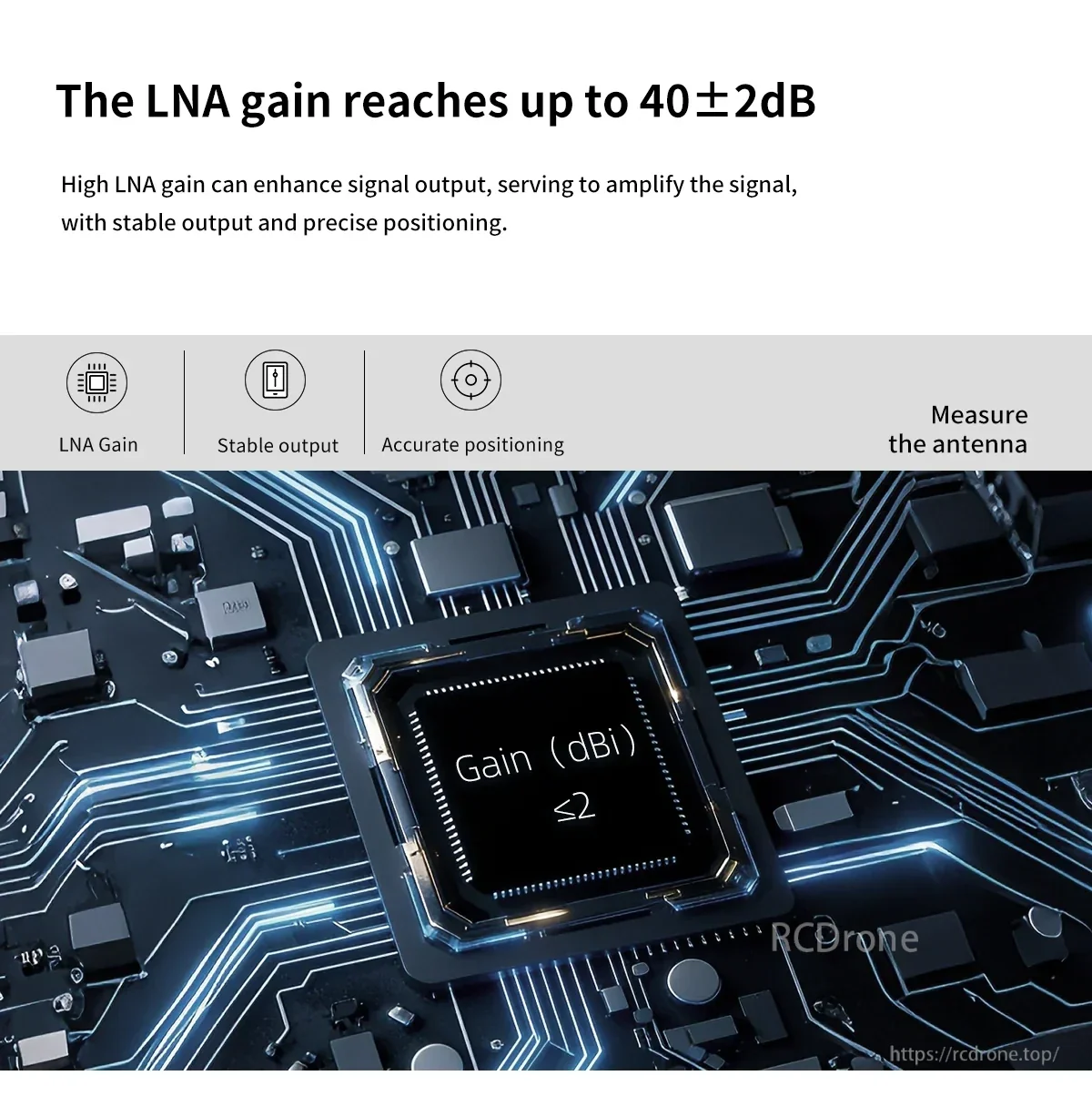 LNA gain infographic for BT-200 showing up to 40±2 dB amplification for stable GNSS signal output