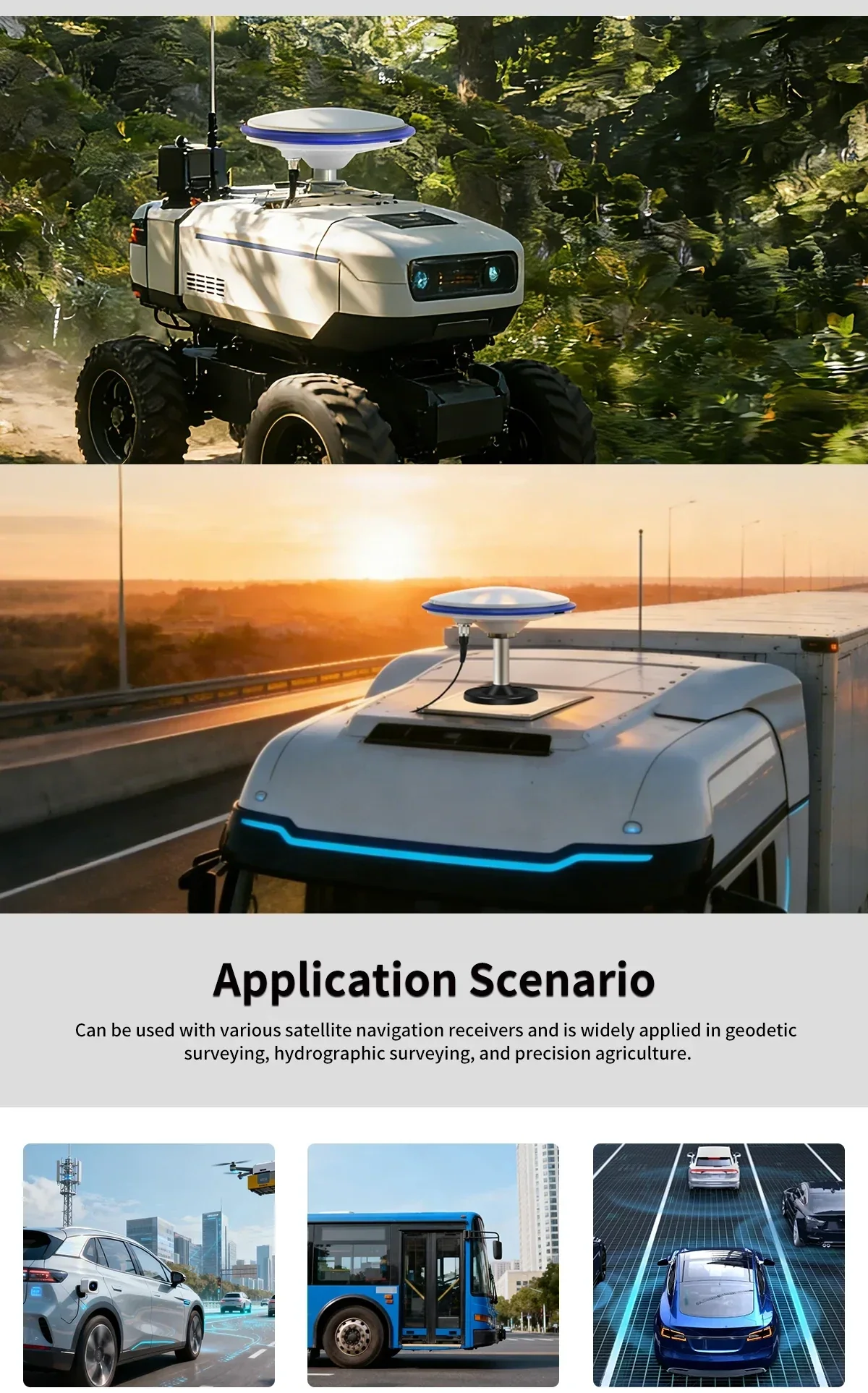 Application scenarios showing the GNSS survey antenna installed on vehicles for surveying, navigation, and positioning work