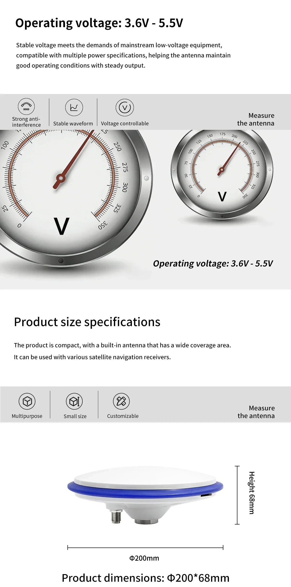 Operating voltage 3.6–5.5 V and antenna size chart showing 200 mm diameter by 68 mm height