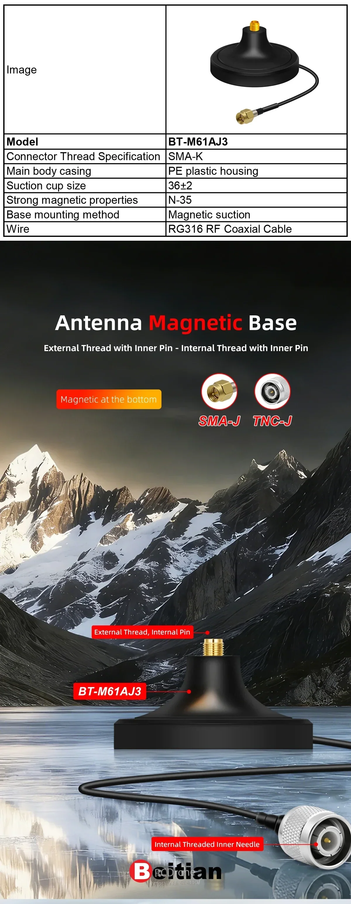 Beitian RTK GNSS Helixcal Antenna Helical Antenna with Magnetic Base SMA-J BT-M61AJ3