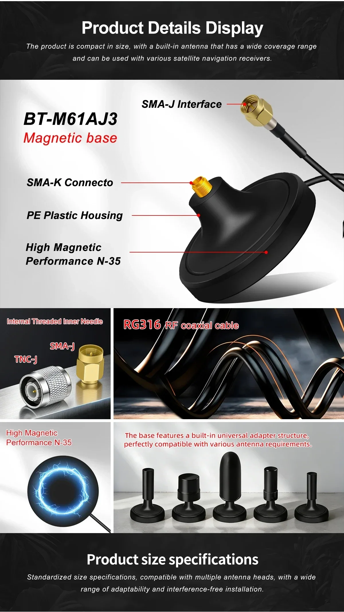 Beitian RTK GNSS Helixcal Antenna Helical Antenna with Magnetic Base SMA-J BT-M61AJ3