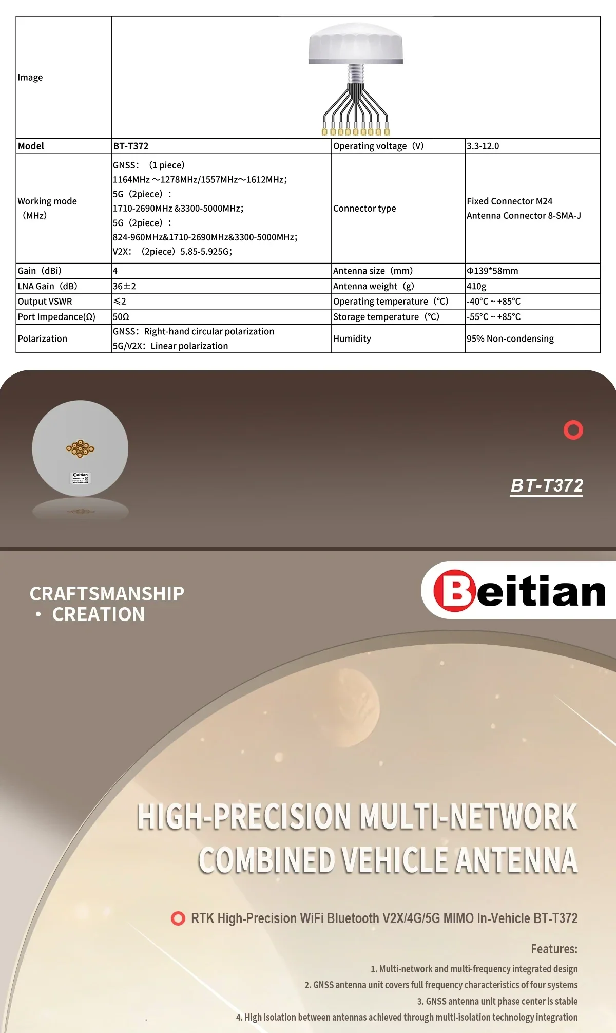 Beitian BT-T372 vehicle combination antenna overview with key specifications and top view render