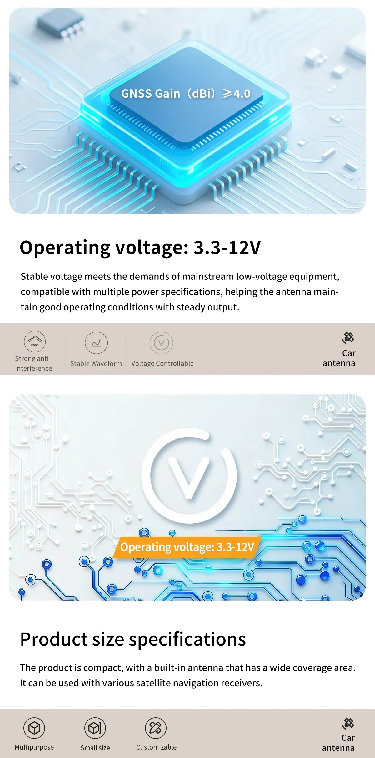 Operating voltage highlight for BT-T372: 3.3–12V with stable output and voltage compatibility icons