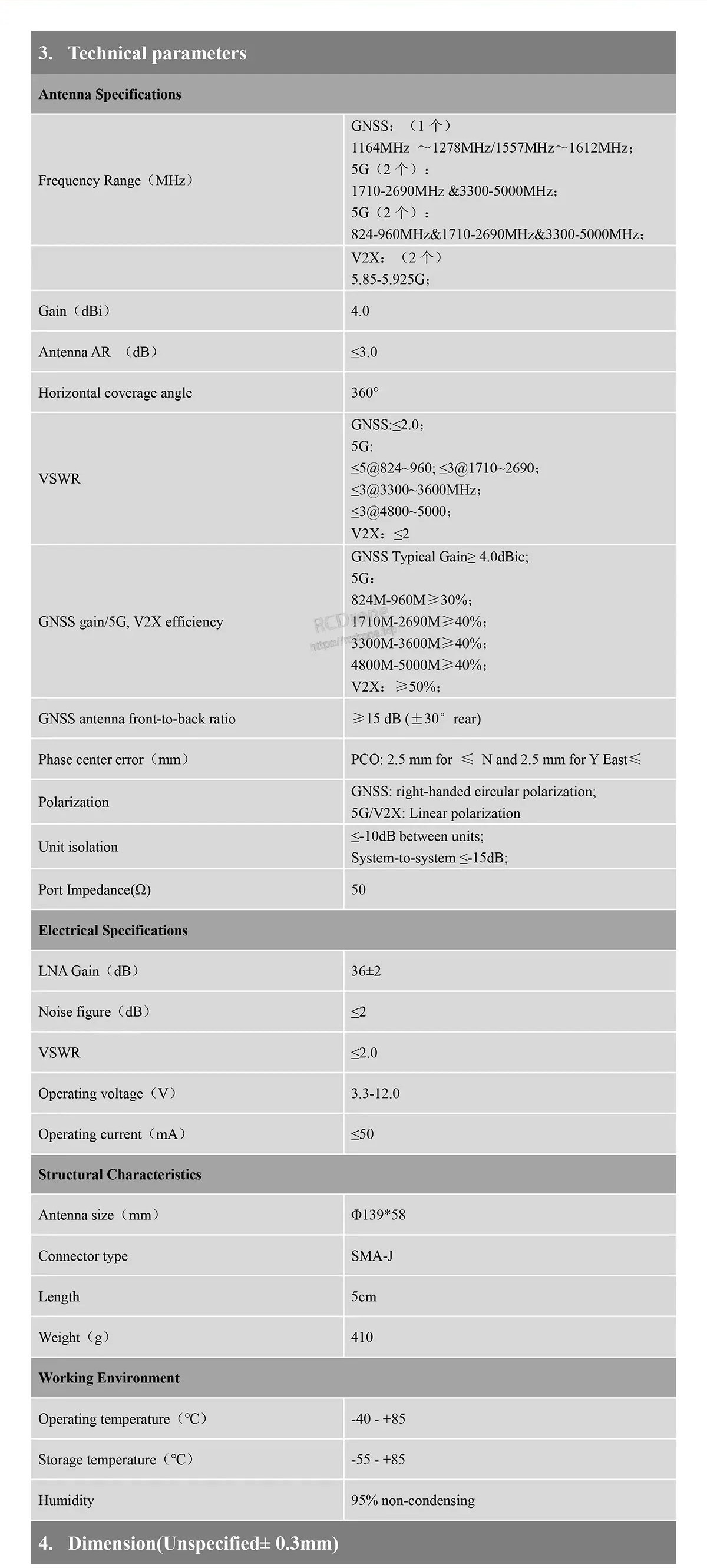 BT-T372 technical parameter table listing GNSS/5G/V2X frequency ranges, gain, isolation, VSWR, and power specs