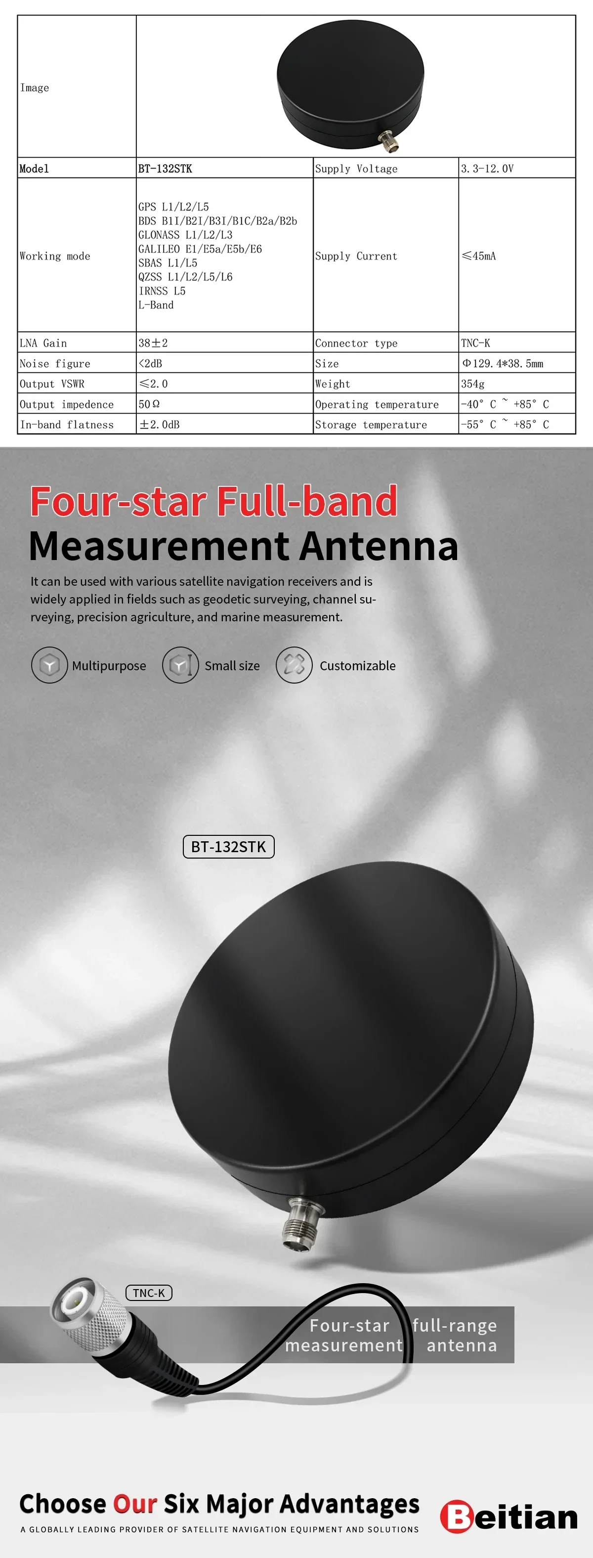 Beitian BT-132STK full-frequency RTK GNSS antenna with magnetic base and TNC-K connector